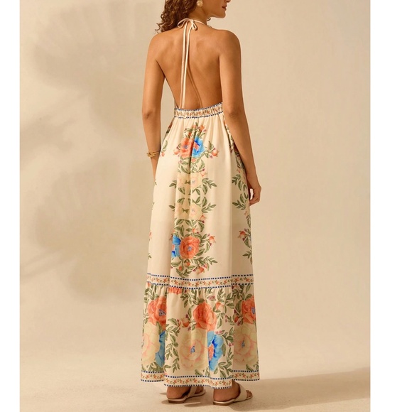 Boho Floral Print Halter Neck Ruffle Hem Maxi Dress - Picture 3 of 6